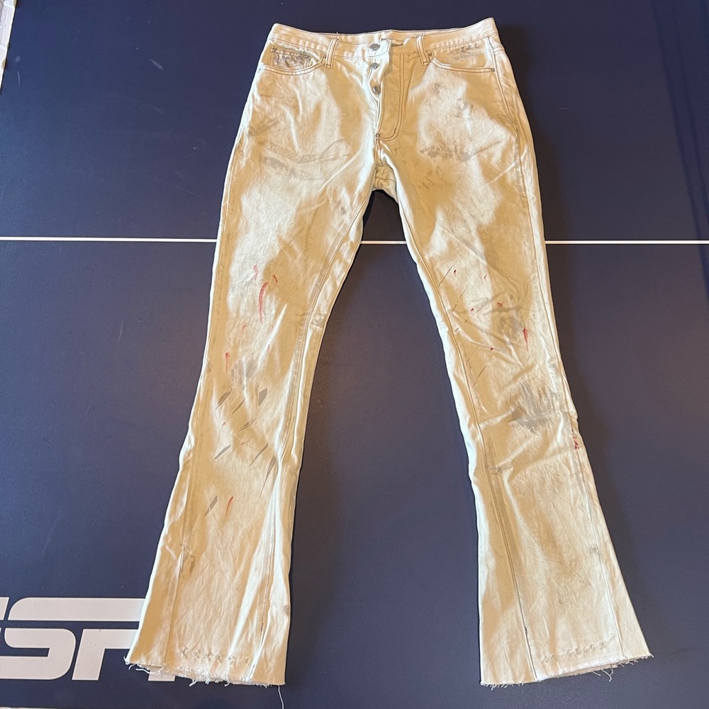 Mnml flare denim cream red splatter jeans size 32